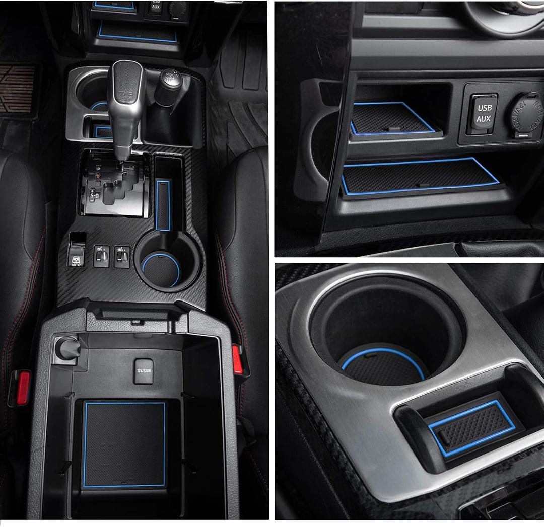 Premium Cup Holder, Console, and Door Pocket Inserts Kit Compatible with Toyota 4Runner Accessories 2010-2024 (2 Row, Blue Trim)-27PC Set