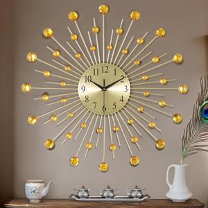 Lafocuse 23 Inch Golden Large Wall Clock for Living Room Dcor, Modern Starburst Decorative Wall Clocks with Bling Crystal Accents, Metal