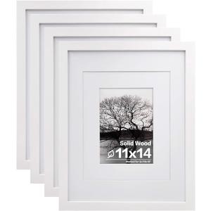 Egofine 11x14 Picture Frames Set of 4, Made of Solid Wood Covered by Plexiglass 5x7 and 8x10 with Mat or 11x14 without Mat, for Table Top Display and Wall Mounting Photo Frame White