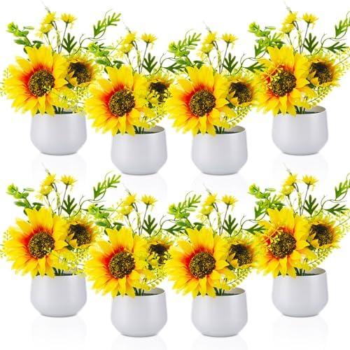 Zeyune 8 Pieces Artificial Sunflower Potted Plants for Yellow Kitchen Decor Sunflower Centerpieces for Tables Mason Jar Artificial Flowers in Plastic Pot for Bathroom Wedding Office
