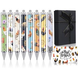8 Pcs Rooster Ballpoint Pens Retractable Black Ink Cartoon Rooster Pen with Black Gift Box and Greeting Card for Women Men Teacher Students Gifts Journaling School Office Supplies (Elegant Color)