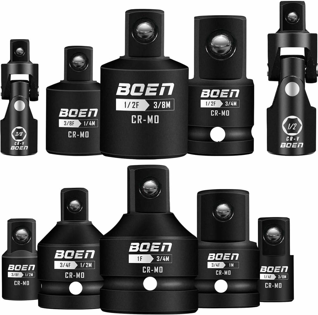 BOEN 10-Piece Impact Socket Adapter and Reducer Set, Standard SAE 1/4" 3/8" 1/2" 3/4", CR-MO Steel Driver & Wrench Conversion Kit Socket Reducer with 3/8" & 1/2" Universal Joint