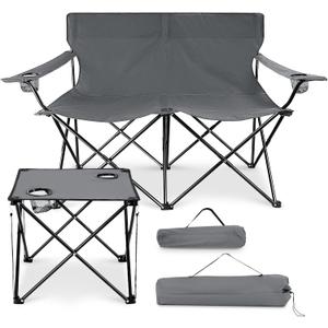 Leonyo Double Camping Chair, Loveseat Camping Chair with Folding Table, 2 Person Outdoor Folding Beach Chairs for Adults, Cup Holders & Carry Bag for Outside Travel, Supports 500lbs, Grey Leonyo Double Camping Chair, Loveseat Camping Chair with Folding Table, 2 Person Outdoor Folding Beach Chairs for Adults, Cup Holders & Carry Bag for Outside Travel, Supports 500lbs, Grey