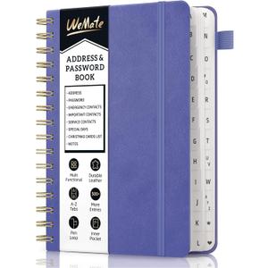 WEMATE Spiral Address Book with Alphabetical Tabs, Leather Password Book, Address Organizer Telephone Notebook Journal Keep Contact Safe Hardcover Large Print for Seniors Home Office 5.88.2, Purple