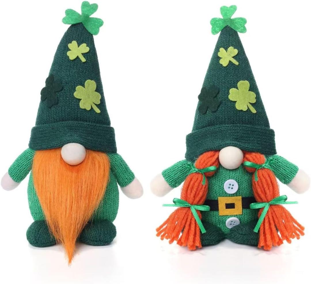 St Patricks Day Decorations, 2Pcs St Patricks Day Gnomes Plush, Knitted Shamrock Leprechaun Tomte, Irish Holiday Decor for Home Table Shelf Party Mantel