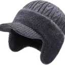 JHDESSLY Winter Beanie with Brim Ear Flaps for Men Women, Warm Fleece Lined Knit Hat Stocking Caps for for The Cold Weather (Gray)