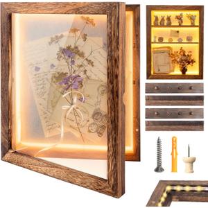 Shadow Box 14x11 Brown Picture Frames Display Cases with LED Light,Memory Keepsakes Boxes with 4 Removable Trinket Shelf,for Anniversary Wedding Baby Graduates Memorial Collect Deep Brown