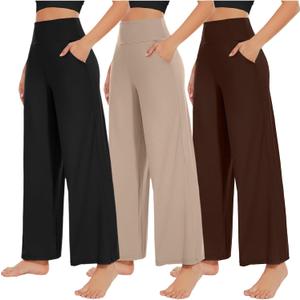 NEW YOUNG 3-Pack Women's Wide Leg Pants with Pockets, High Waist, Loose Sweatpants, Casual Lounge Yoga Workout Palazzo (Medium, Black, Brown, Apricot)