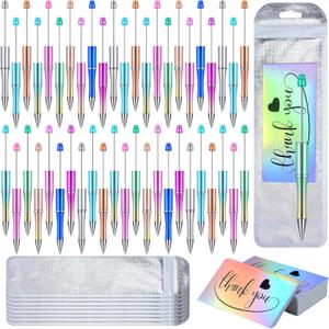 Yeaqee 150 Pieces Beadable Pens Kit 50 Pieces Colors Plastic Beaded Ballpoint Pens Bulk 50 Foil Thank You Cards with 50 Resealable Packaging Bags for School DIY Making Gift(Metallic Gradient Style)