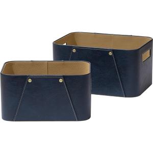 La Jolie Maison Storage Baskets for Organizing, 2 Pack, Luxury Vegan Leather Storage Cube Boxes for Closet Shelf Cabinet Bookcase, Navy Blue