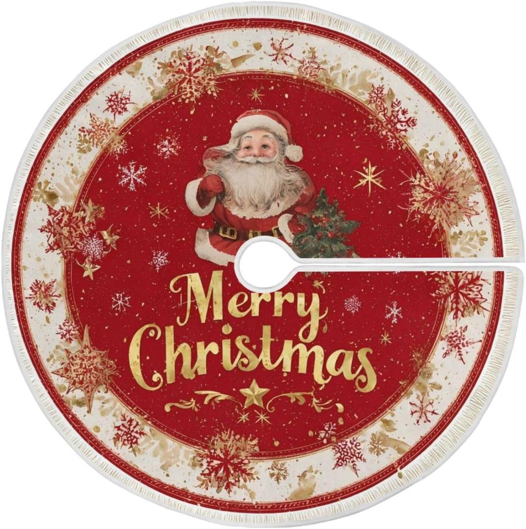 Christmas Tree Skirt Santa Claus Red Xmas Ornament Xmas Tree Mat for Home Holiday Party Supplies Indoor Outdoor Decoration 35.4 in