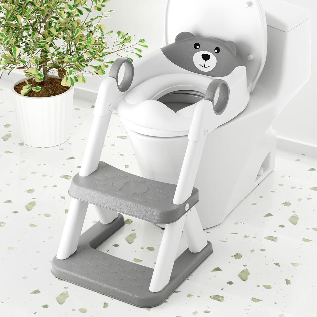 Toilet Seat, Potty Training Seat for Toddler, Upgraded 2-in-1 Potty Toilet Training for Boys and Girls,Waterproof Cushioned Mat with Non-slip Step Stool (Gray)