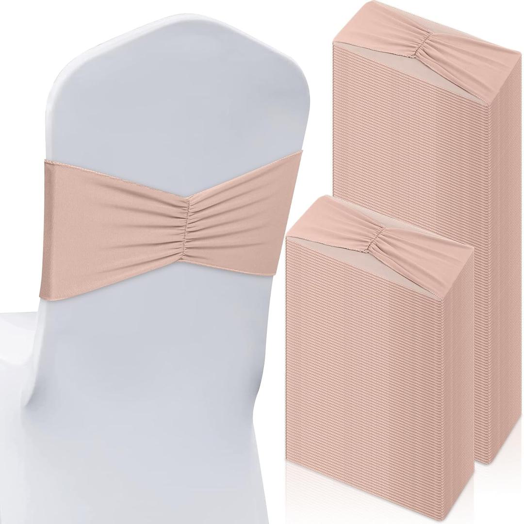 Moukeren 50 Pcs Spandex Chair Sashes Bows Stretch Chair Bands Slider Sashes Elastic Ties Ribbon Covers for Wedding Party Events Ceremony Birthday Banquet Decorations (Nude)