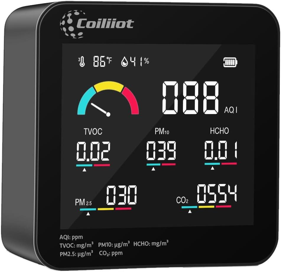 Coiliiot Air Quality Monitor Indoor – CO2 Detector, VOC Meter and AQI Tester Tracks TVOC, HCHO, PM2.5 & PM10 with Temperature & Humidity Sensor for Home Office (Black)