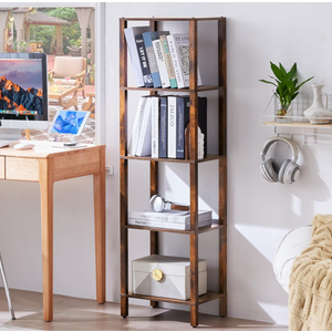 YUFAM 54in Tall Bookshelf 5Tier Small Narrow Bookcase, Skinny Book Shelf for Small Space, Farmhouse Slim Shelf with Storage, Wood Freestanding Display Thin Bookshelves for Living Room, Office, Brown