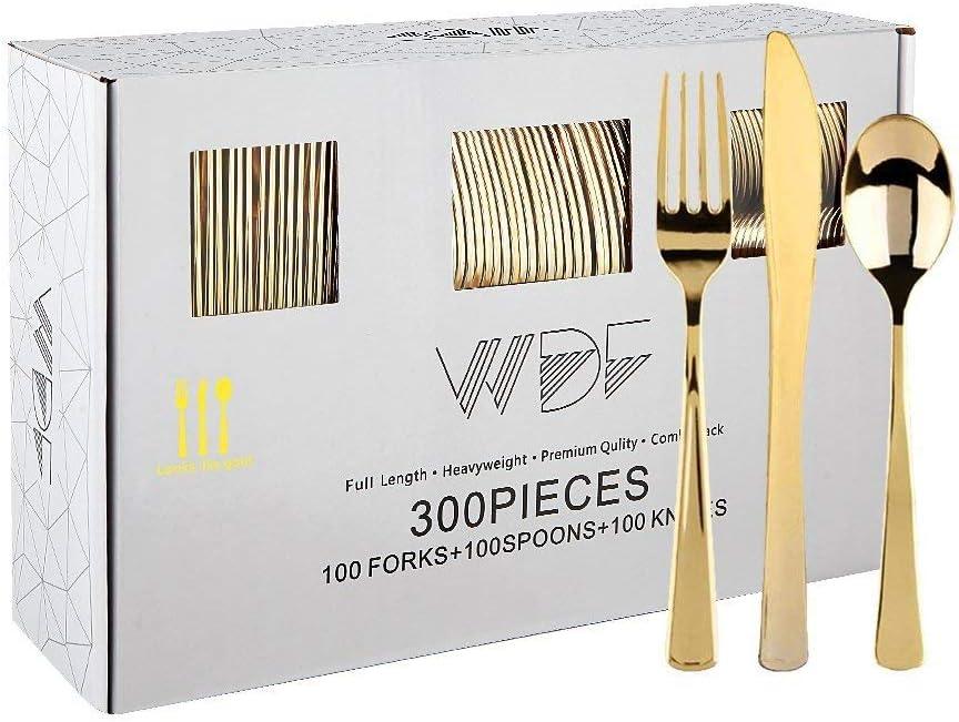 WDF300 Pieces Gold Plastic Silverware - Heavy Duty Disposable Cutlery Set Plastic Gold Silverware Set Includes 100 Forks, 100 Spoons, 100 Knives for Party Baby Shower Wedding Spring