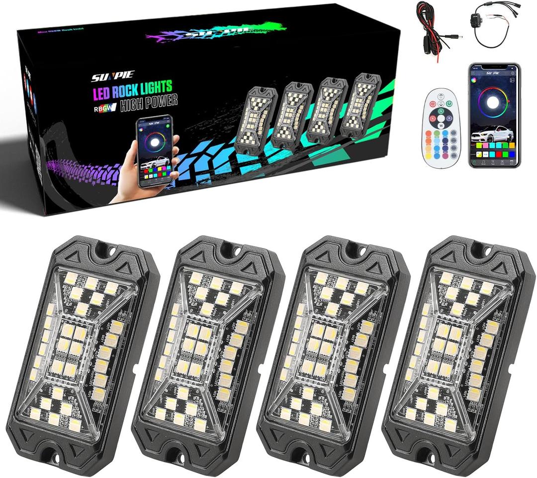 SUNPIE 4 Pods RGBW Rock Lights, Full Beam Angle, 30 High Power Chips, Aluminium Metal, Includes Mounting Pads, IP67 Waterproof, Music Mode Underglow Lights for Off Road Truck SUV ATV UTV Boats