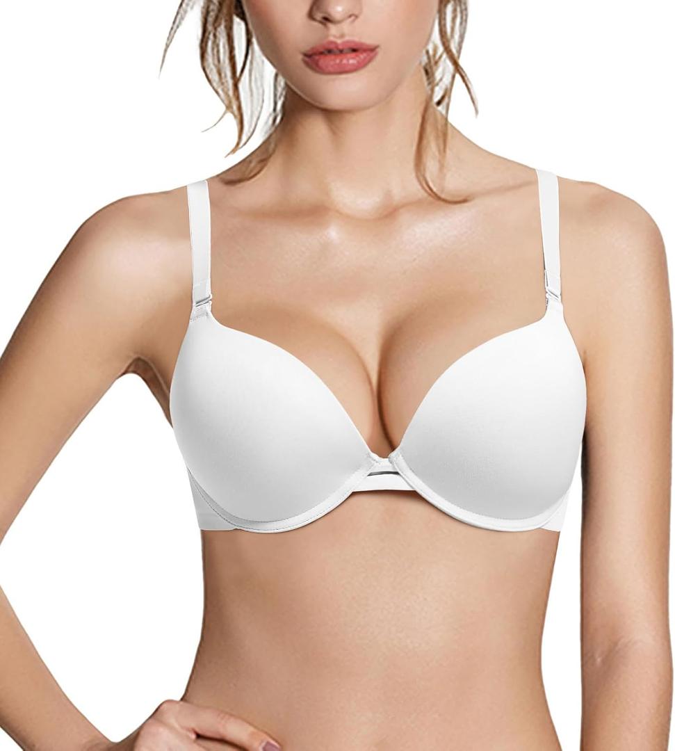 Push Up Thick Padded Plunge Underwire T Shirt Lace Bra Lift Support for Women Add One Cup Size 40A (White)