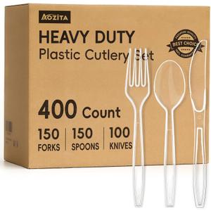 400 Count Heavy Duty Plastic Silverware, BPA-Free, Clear Plastic Cutlery Set, Premium Disposable Utensils for Party Everyday Use, 150 Forks, 150 Spoons and 100 Knives