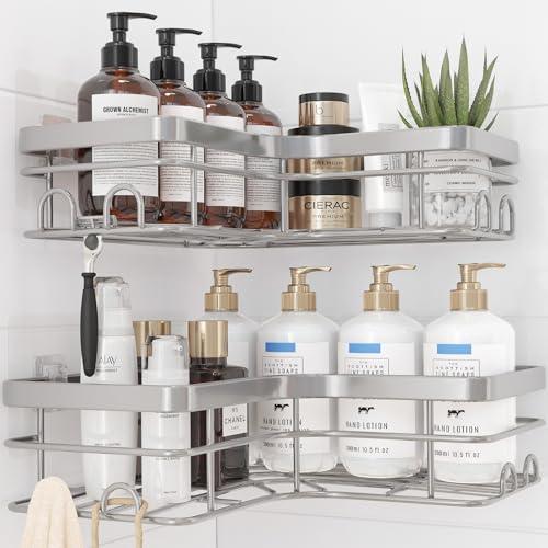Sakugi Corner Shower Caddy - 2 Pack, Adhesive Shower Organizers, Rustproof Stainless Steel Shower Shelves with 8 Hooks, No Drilling Bathroom Organizers and Storage Racks, Space-Saving, Silver, X-Large