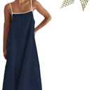 VANCOL Women's Linen Extra Long Dress Spaghetti Strap Summer Out Travel Vacation Sleeveless Long Dresses Navy Blue, Size: L