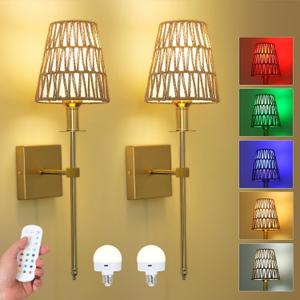 Rattan Battery Operated Wall Sconces Set of Two, Boho Gold Wireless Wall Lights with Remote and Dimmable Bulbs, Mid Century Rechargeable Wall Lamps with Rattan Shade for Bedroom Living Room (Gold)