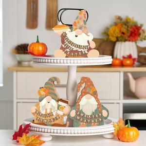 Thanksgiving Fall Decor for Home - Wooden Gnomes for Tiered Tray, Table, Mantel, Bathroom - Fall Wood Sign