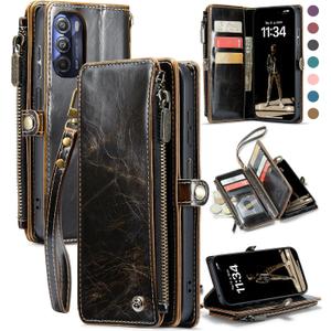 Defencase Compatible with Moto G Stylus 5G 2022 Case, RFID Blocking Wallet Case Compatible for Motorola Moto G Stylus 5G 2022 PU Leather Flip Strap Zipper Card Holder Phone Case for Women, Coffee