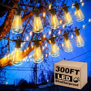Outdoor String Lights Waterproof, 300FT Patio Lights with 146 Shatterproof ST38 Globe Bulbs (6 Spare), Connectable Dimmable LED Hanging String Lights for Outside Backyard Porch Balcony (150FT x 2)