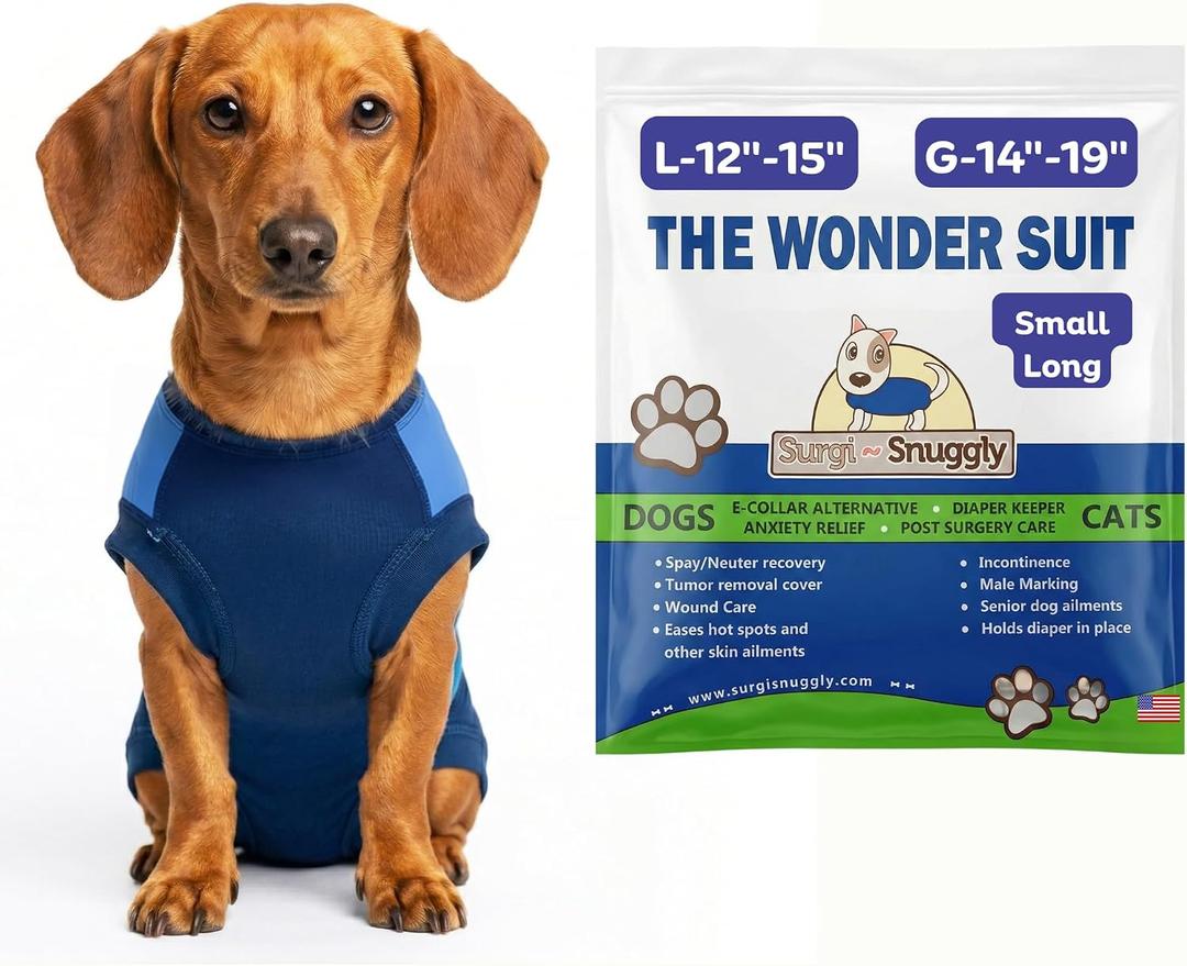 Surgi Snuggly Dog Surgery Recovery Suit - Dog Onesie for Post Surgery Recovery, Female Spay & Male Neuter - Surgical Suit for Dogs, E-Collar Cone Alternative, Double Blue - Small Long - 12" - 15" (EC)