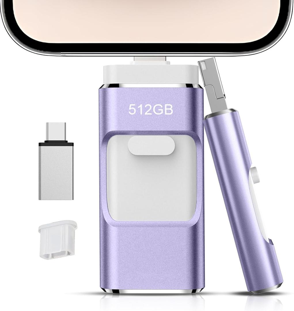 512GB Flash Drive[No App Required] Intended for Phone Tablet Androidphone and Computers, 4 in 1 Photo Stick for Phone Memory Storage Easily Backup Photos VideosLight Purple