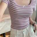 Verdusa Women's Coquette Striped Crop Tops Scoop Neck Short Sleeve Fitted Summer T Shirt (S)