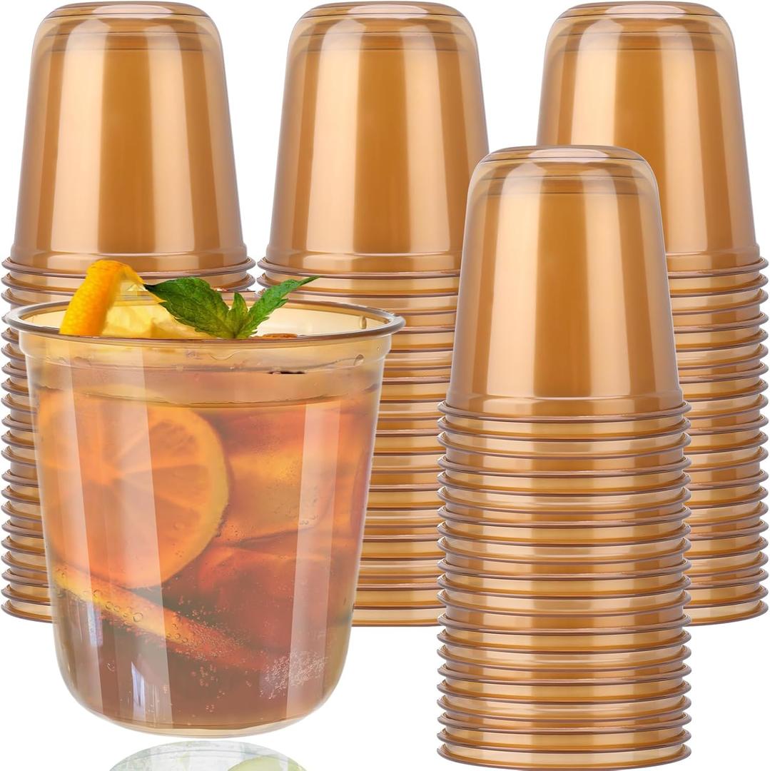 Xuelimei 50pcs 12oz Disposable Stemless Glasses, PET Disposable Drinking Cups,Cold Party Clear Plastic Wine Glasses for Parties Birthday, Wedding, Meeting, Christmas Party Supplies. (Gold)