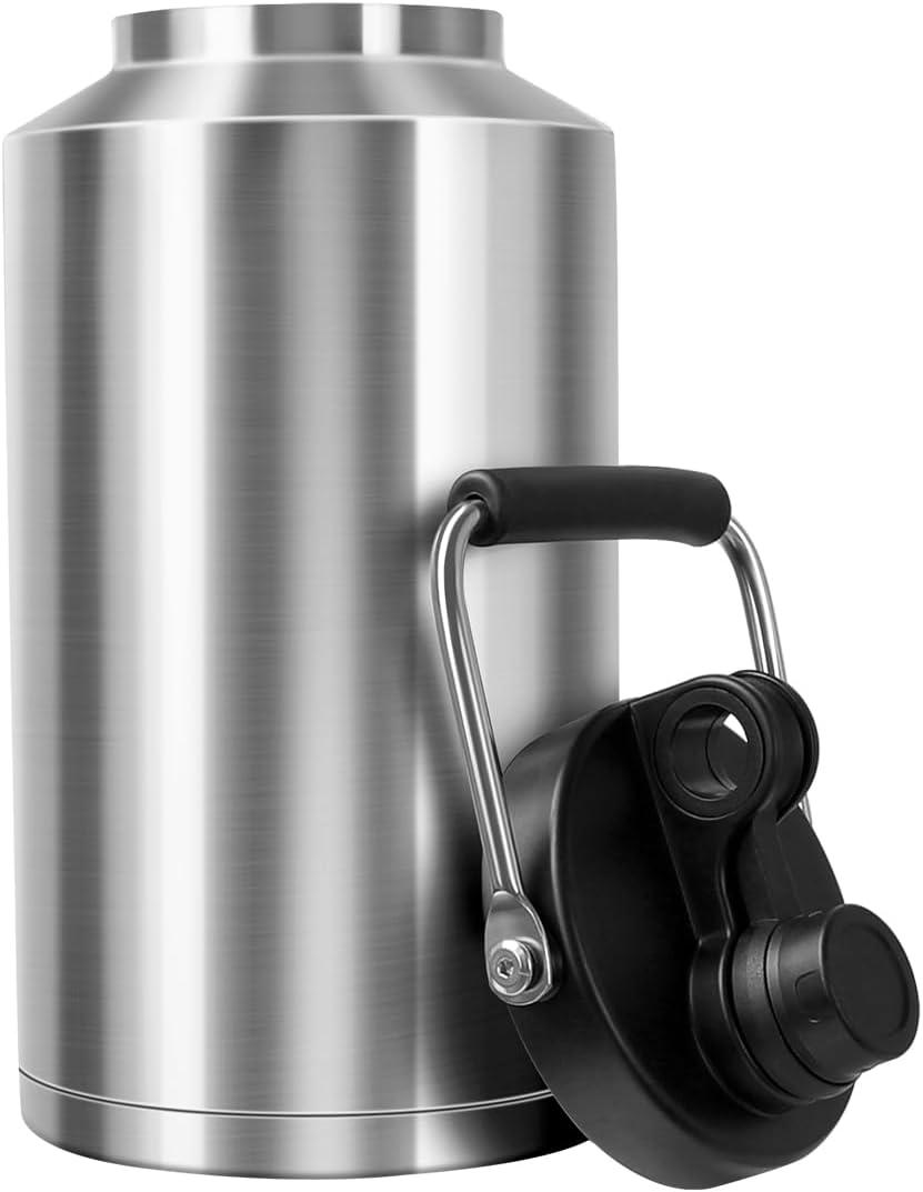 Insulated Water Bottle, 1 Gallon Jug with Handle, 128 oz Stainless Steel Large Water Bottle Wide Mouth Double Vacuum for Hot & Cold Drinks, Stainless Steel