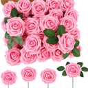 MACTING Pink Artificial Flower Roses 60PCS Real Touch Fake Flowers with Stem Foam Roses for DIY Wedding Bouquet Table Centerpieces Party Bridal Shower Birthday Home Spring Valentines Day Decorations