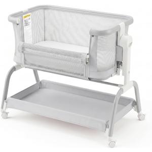 3 in 1 Baby Bassinet,Rocking Bassinets Bedside Sleeper with 6 Adjustable Heights,Breathable Full-Mesh,Comfortable Mattress & Lockable Wheels,Stable Rolling Portable Crib for Newborns(Gray) | Breathable Full Mesh