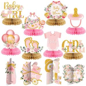 Pickmesh 12 Pieces Pink Gold Girls Baby Shower Decorations Honeycomb Centerpieces Pink Flower Bottles Balloons Carriages Baby Shower Table Decorations Table Topper for Gender Reveal Party Supplies