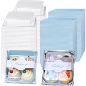 100 Pack Paper Charcuterie Boxes, 5.3x4.9x2.5 Inches Square Disposable Food Containers, Bakery Boxes with Clear Secure Lids for Sandwich Slice Cake Cookies (Blue)