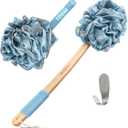 Toem® Loofah Back Scrubber for Shower | Bamboo Charcoal Fiber Infused | Loufas for Men & Women | Includes 1 Long Handled Shower Sponge, 1 Bath & Shower Luffa Pouf & 1 Hook to Hang Stuff (Sky Blue)