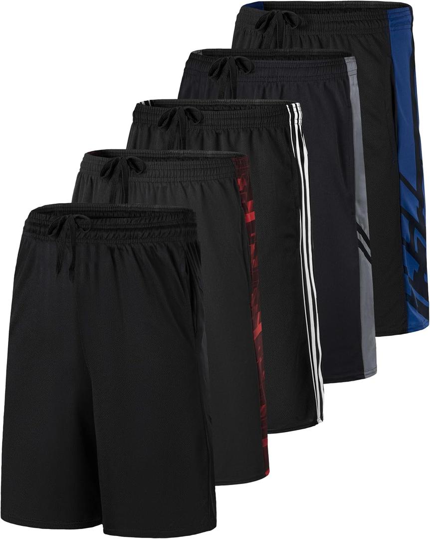 5 Pack Boys' Mesh Athletic Shorts Basketball Kids Soccer Sports Pockets (Black, S)
