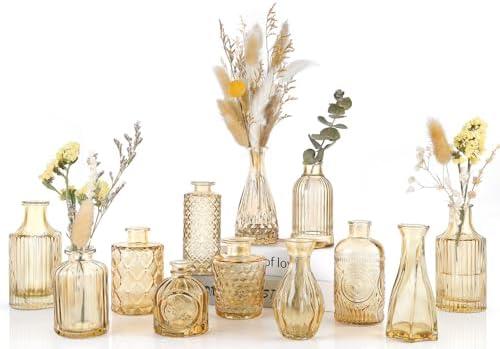 UPBUD Amber Glass Bud Vases Set of 12, Gold Mini Flower Vase for Centerpieces, Small Vases in Bulk for Wedding Decorations, Vintage Vase for Table, Reception, Home Décor