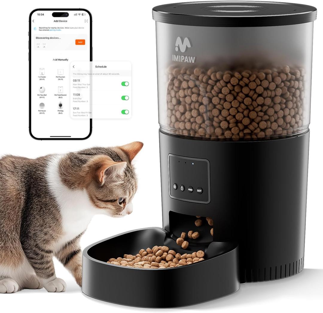 Automatic Cat Food Dispenser, WiFi Cat Feeder with APP Remote Control for Dry Pet Food, Programmable Timer, Dual Power Supply, Slow Feeder for Cats & Small Dogs (Black)