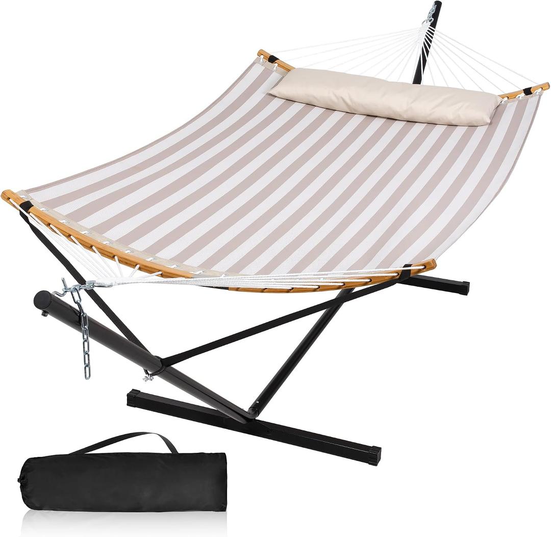 Double Hammock with Stand and Carrying Bag, Light Brown Stripe | Quick Dry Hammock with Curved Spreader Bars and Pillow, 450 Lbs Capacity, For Indoors, Patio, Garden