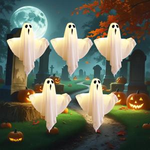 Halloween Solar Lights Outdoor, Light Up Halloween Ghost Decorations - 5 Stake Pathway Set with 8 Lighting Modes, 20.5FT Connector for Yard & Garden Decor