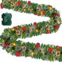 Timer & 8 Modes 9 Ft Prelit Christmas Garland 50 LED Warm White Lights Cedar Valentines Garland Battery Operated 270 Thick Branch Bristle Pine 70 Red Berries 10 Pinecones Mantle Home Decor Outdoor