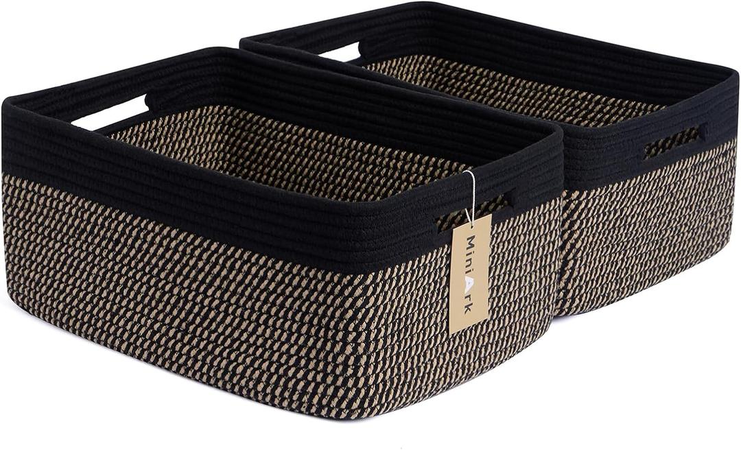 MiniArk Large Storage Baskets for Shelves, Closet Organizers Bins for Clothes Blanket Towels, Baby Nursery, Toy Baskets Box, Woven Rope Baskets, 17 x 13 x 7.5, 2 Packs Woven Brown