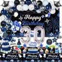 30th Birthday Decorations Set for Men, Navy Blue Silver Black; Includes Birthday Backdrop Banner, Tablecloth, 30 Number Balloons
