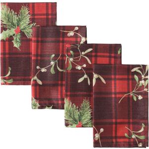 Newbridge Christmas Red Spruce Plaid Set of 4 Fabric Napkins  Holly, Pinecones & Evergreen Winter Print, Soil Resistant No-Iron Holiday Table Linens