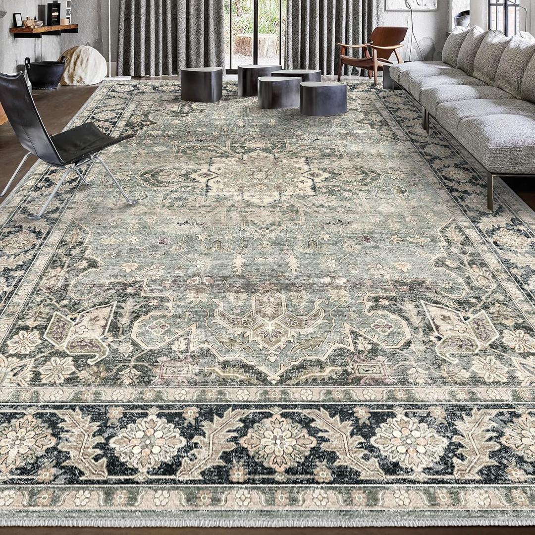 9x12 Area Rugs - 9x12 Washable Area Rug Indoor Vintage Rug Print Rug Low-Pile Floor Carpet for Living Room, Bedroom (Olive Charcoal)
