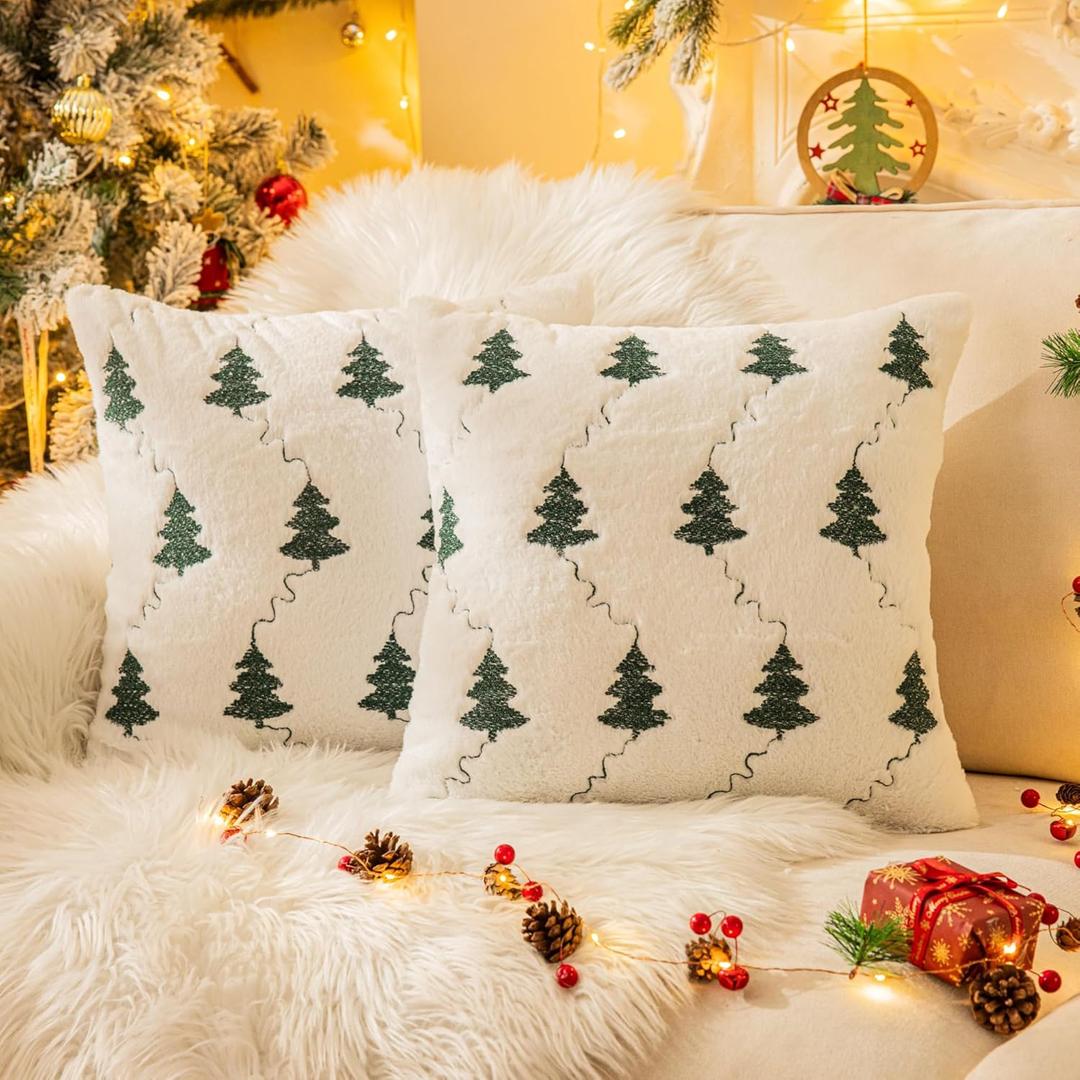 AQOTHES Christmas Tree Embroidered White Throw Pillows Cover 20x20 Inch, Set of 2 Packs Winter Soft Fluffy Decorative Throw Pillows Covers Decor for Home Sofa Couch Bed Room